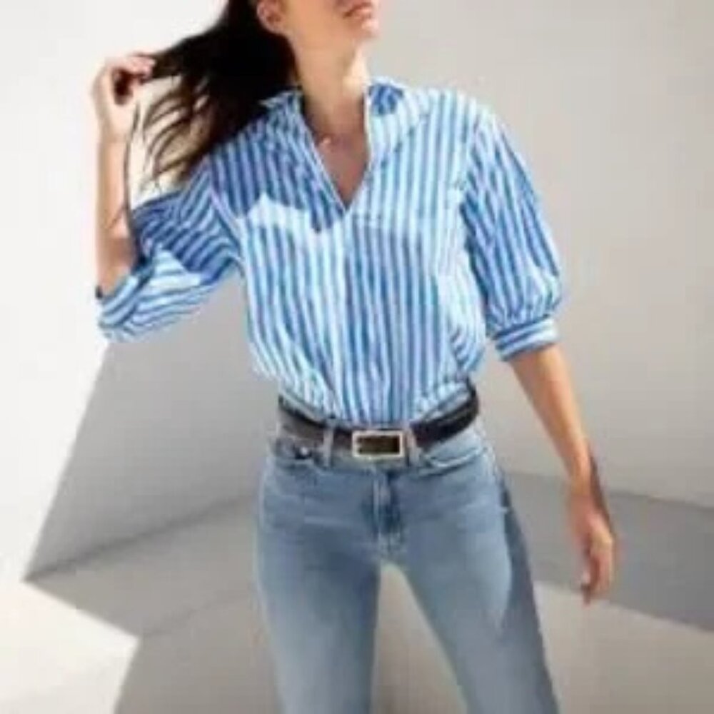 NWOT AYR The Capeside Shirt in Athens Blue striped cotton poplin